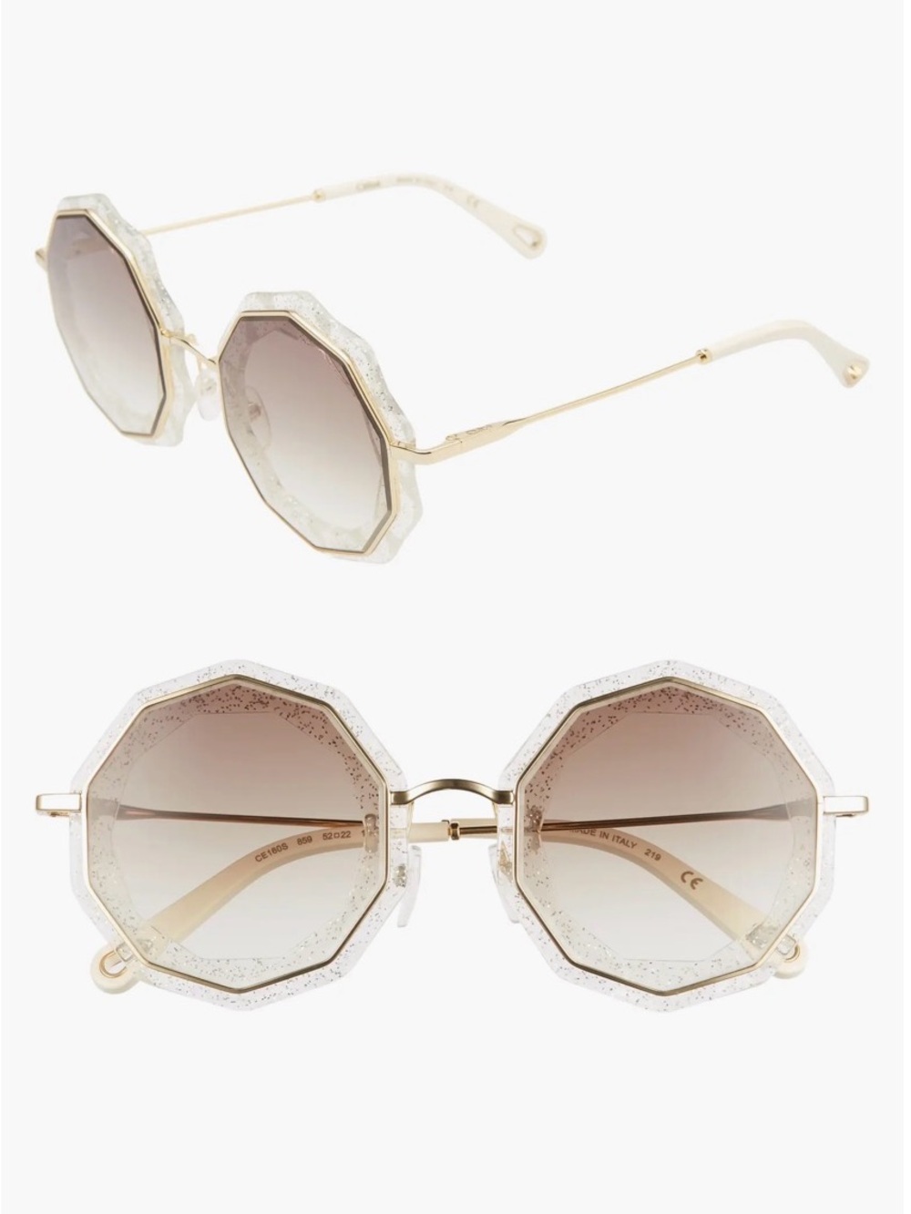 Chloe White Glitter Octagonal Sunglasses with Gold Temples
